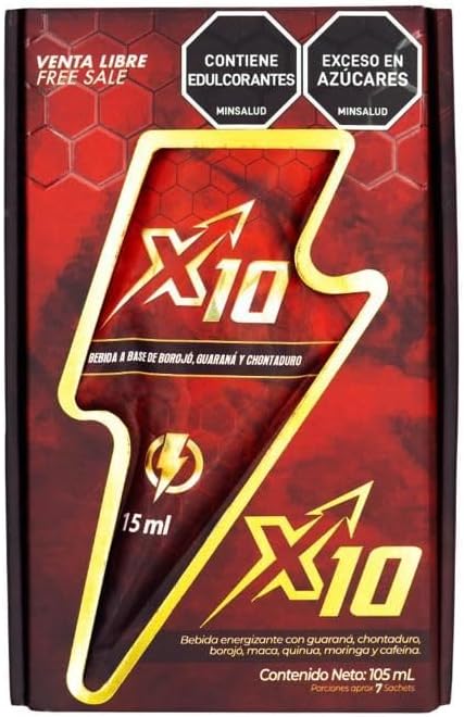 X10 Natural Supplement - Chontaduro, Guarana, and Borojó Blend | 15ml Sachets (7-Pack) | Plant-Based Energy Support.
