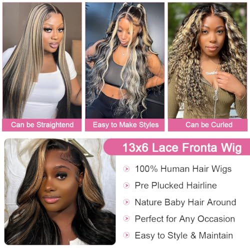 30 Inch 1B/27 13x6 Balayage Highlight Ombre Body Wave Lace Front Wigs Human Hair Honey Blonde Colored Lace Frontal Glueless Wigs Human Hair Pre Plucked for Women with Baby Hair