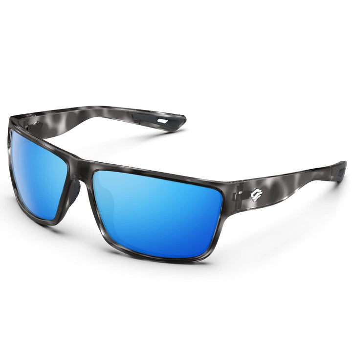 TOREGE Polarized Sports Sunglasses for Men and Women Cycling Running Golf Fishing Sunglasses TR26 (Bright Black& Grey Tortoise Frame& Ice Blue Lens)