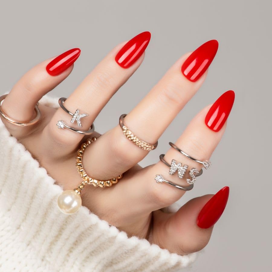 30Pcs Christmas Red Almond Press On Nails Reusable Fake Nails- Supremely Fit & Natural Soft Gel Nails,15 Sizes, Reusable Fake Nails Kit with Gift Box for Women (Warm Red)