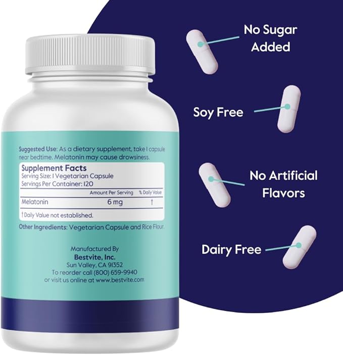 BESTVITE Melatonin 6mg (240 Vegetarian Capsules) (120 x 2) - No Stearates - Vegan - Non GMO - Gluten Free