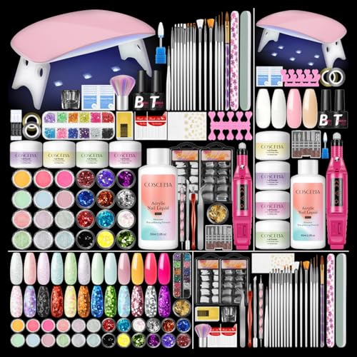 COSCELIA Acrylic Nail Kit for Beginners with Everything, Professional Nail Kits with Drill U V Light 4 Colors Acrylic Powder 24Pcs Glitter Decorations DIY Extension Nails Home Salon for Women