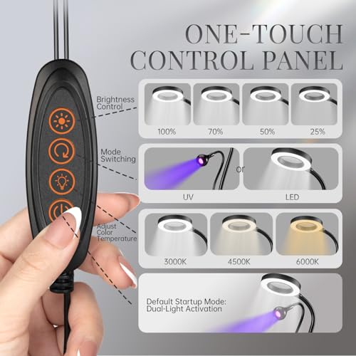 krofaue UV Nail Lamp for Gel X - Flash Cure Lamp Dual-Light Gel X UV Light with 6× Magnifier 4-Levels Brightness Nail Dryer for Regular Polish, Desk Clip Salon-Perfect Manicures at Home Black