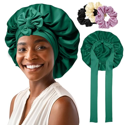 AWAYTR Satin Bonnet for Women Tie Band Hair Bonnet Large 2 Layered Silk Sleeping Cap Nightcap with 3PCS Hair Scrunchies (Green)