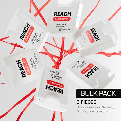 REACH Waxed Dental Floss, Cinnamon, Plaque Remover for Teeth, Shred Resistant, Floss Slides Smoothly, Easy to Use, Waxed, Deep Cleaning Teeth, Oral Care, PFAS Free, for Adults & Kids, 6 Pack, 55 yd