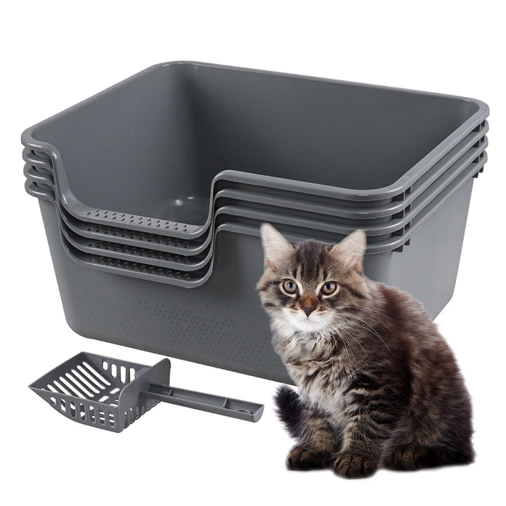 Yesdate 4-Pack Plastic Open Top Kitty Litter Box, Cat Litter Box with High Sides, Including 4 Scoops, Grey