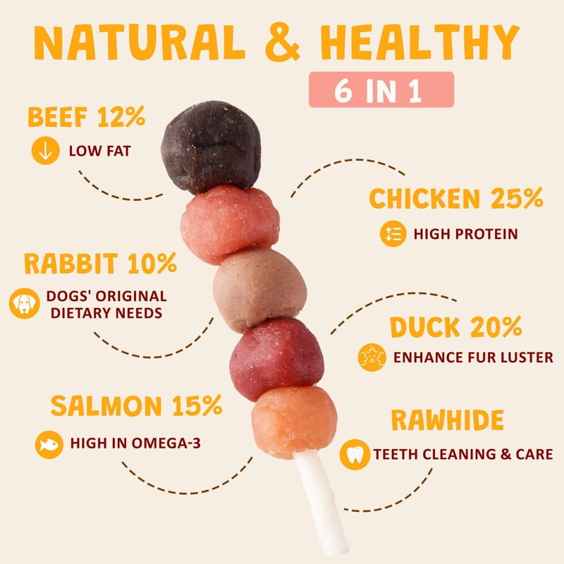 ASMPET Kabobs for Dog, Chicken Duck Salmon Rabbit Beef and Salmon Healthy Treats for Small Medium Large Dogs, 10.6oz