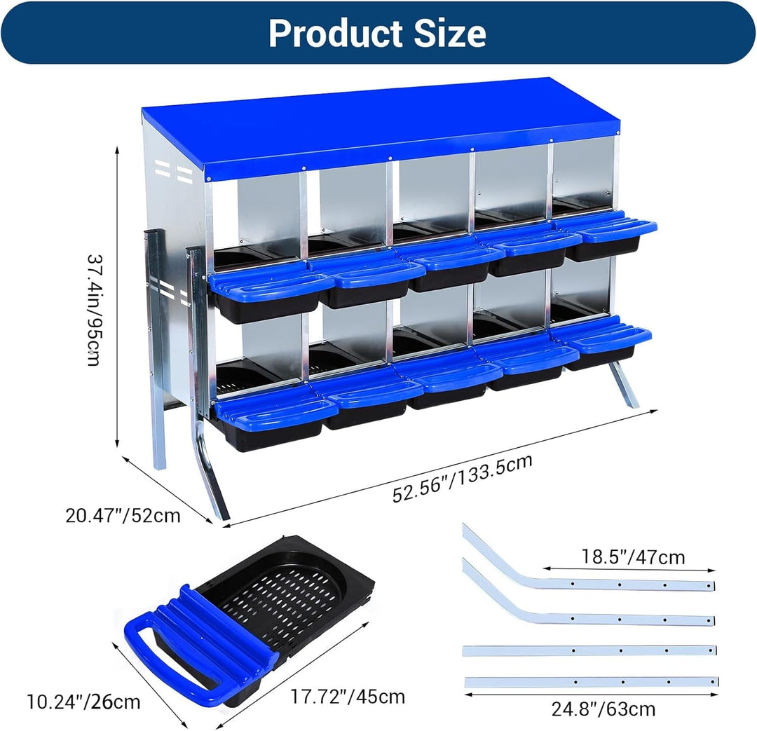 Galvanized Steel Chicken Nesting Box w/ Roll-Away Tray, 6/8/10 Hole Options, Wall/Stand Mount