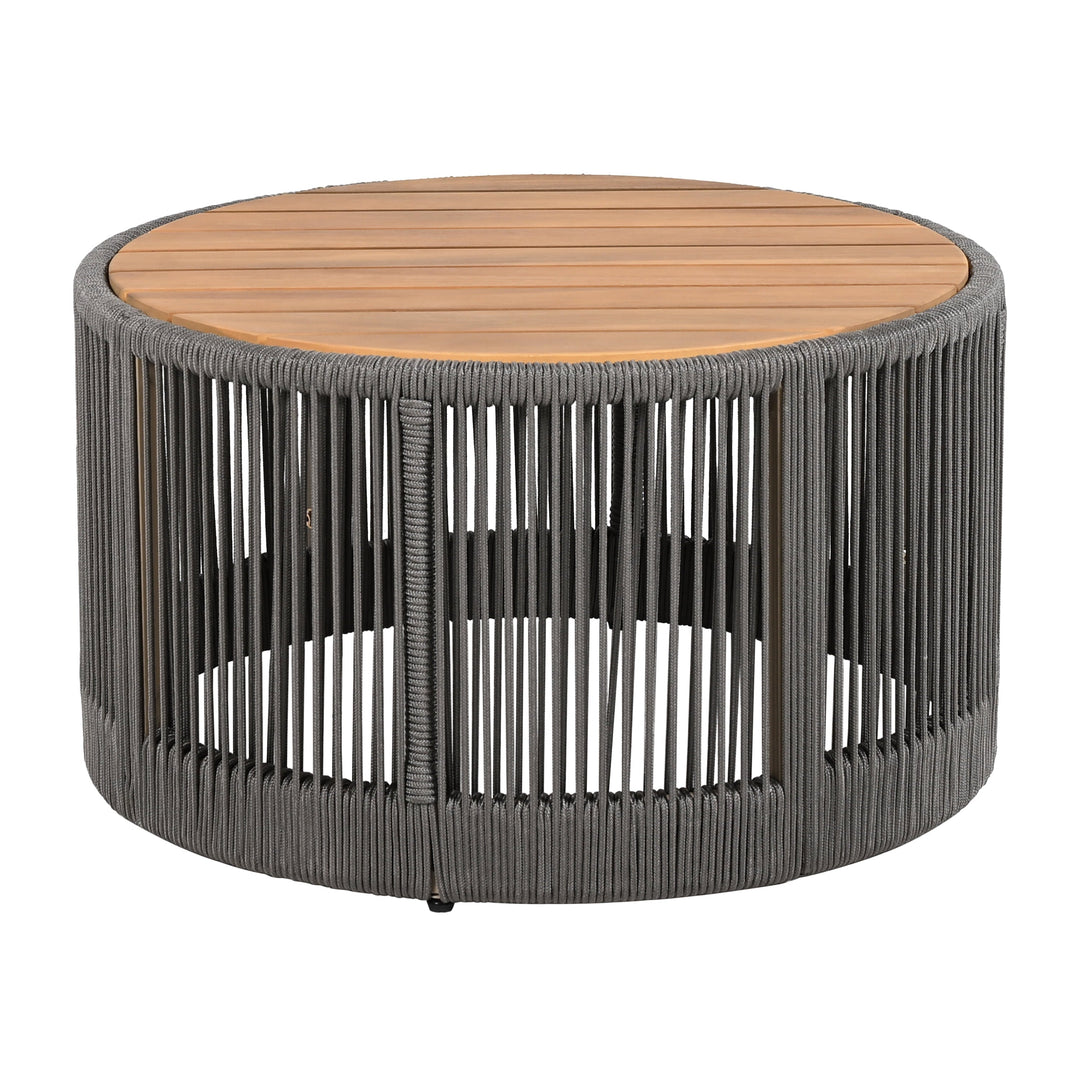 26" Round Acacia Wood Coffee Table with Grey Rope Accents, Rustic Outdoor Patio Table for Garden & Balcony