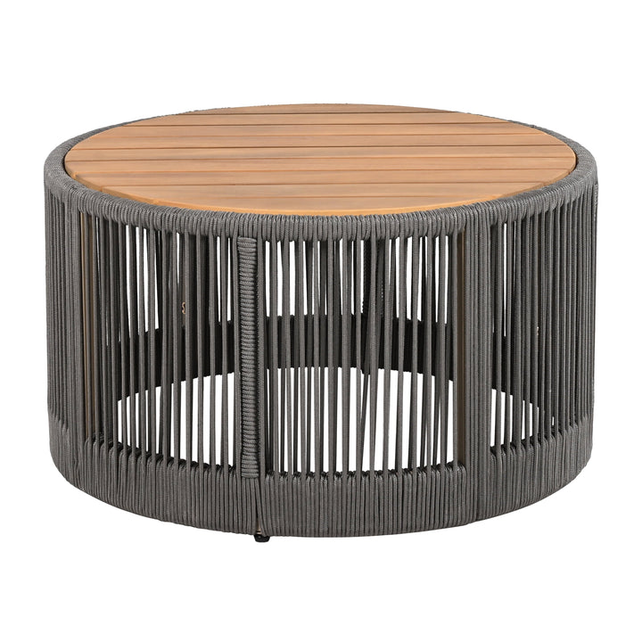 26" Round Acacia Wood Coffee Table with Grey Rope Accents, Rustic Outdoor Patio Table for Garden & Balcony