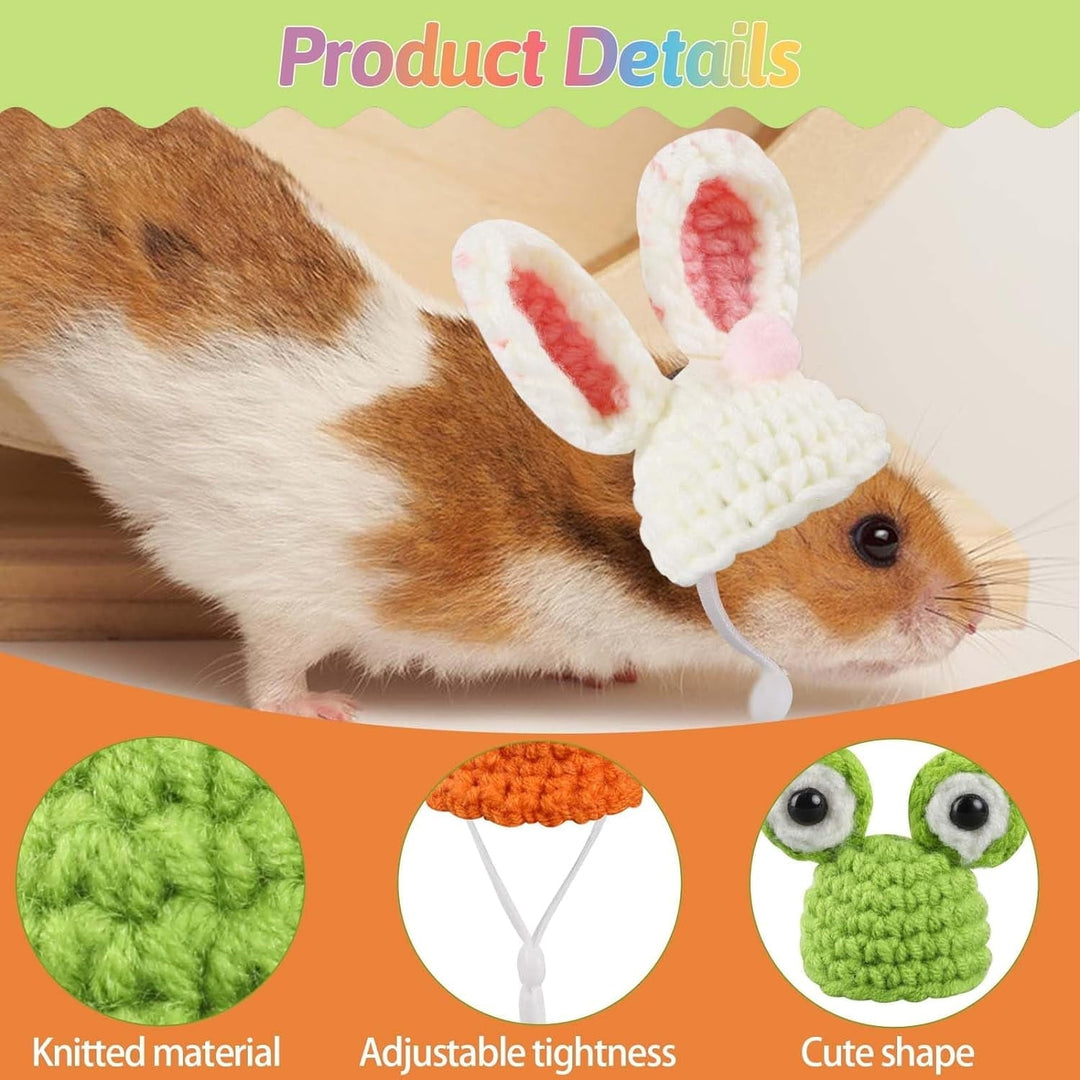 4Pcs Mini Hand Knitted Hats with Adjustable Strap, Small Animals Cute Hat Mini Hamster Hats for Guinea Pig Pets Holiday Party Costume Accessories