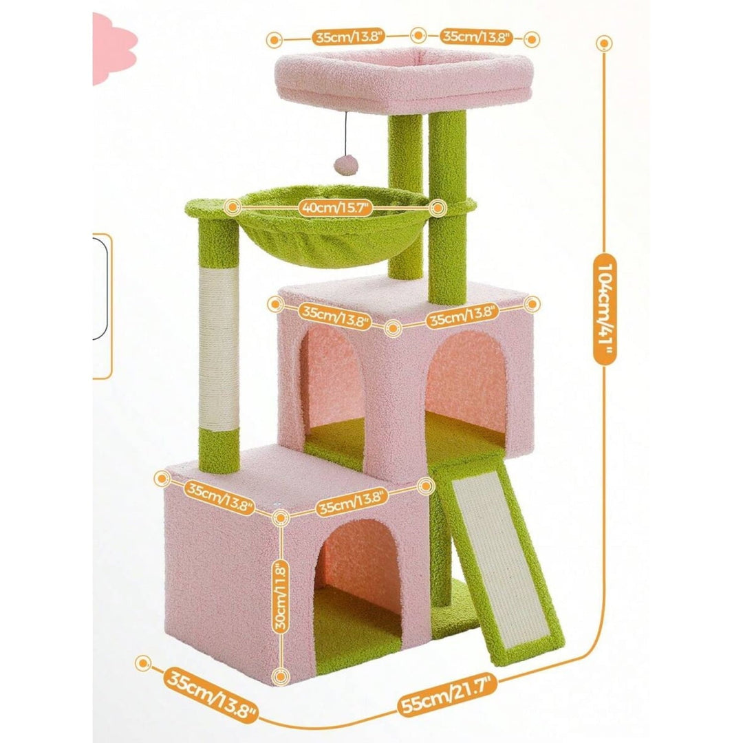 Road Large Cat Tree,41 Inches Multi-Level Cat Tower with 2 Spacious Condos for Large Indoor Cats,Pink Flower Cat House with Comfy Hammock