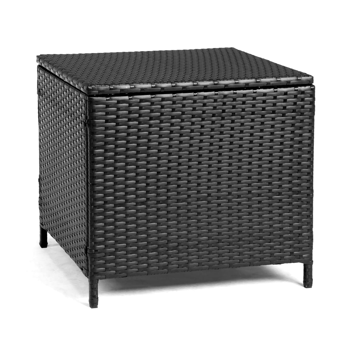 Black PE Rattan Outdoor Side Table with Storage - Square Patio End Table for Furniture Covers, Gardening Tools, and Toys