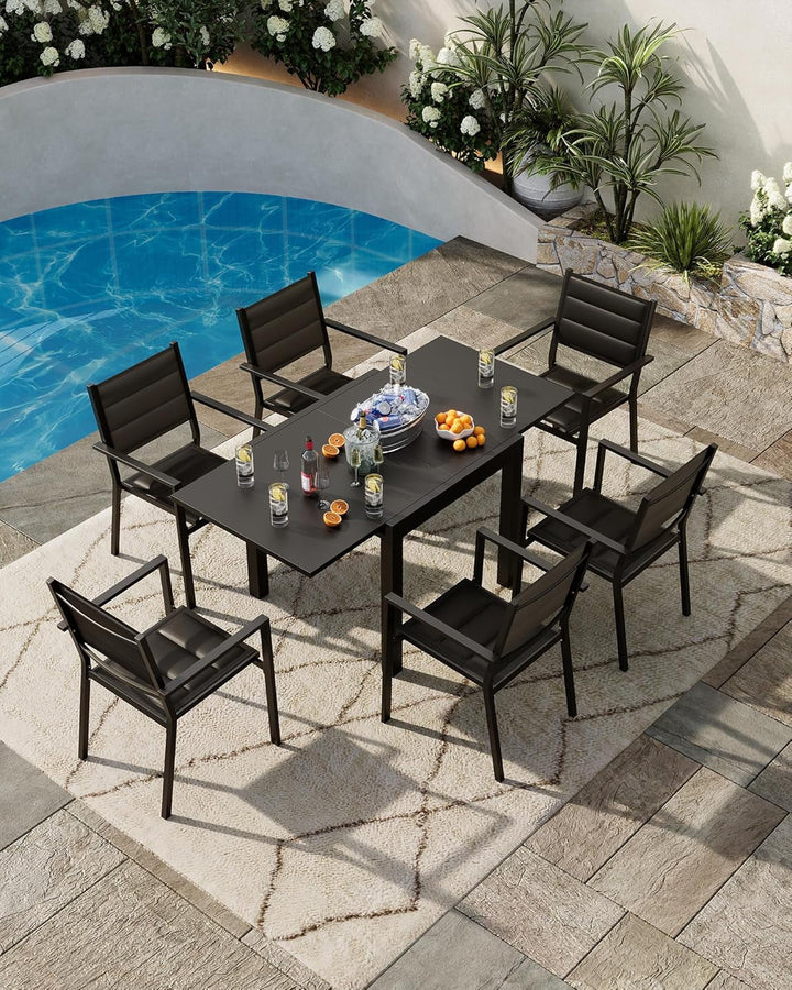 Expandable Outdoor Dining Table – 31"-63" Adjustable Patio Table for 4-6 People, Aluminum Frame with Wood Grain Finish, Ideal for Backyard and Deck, Grey