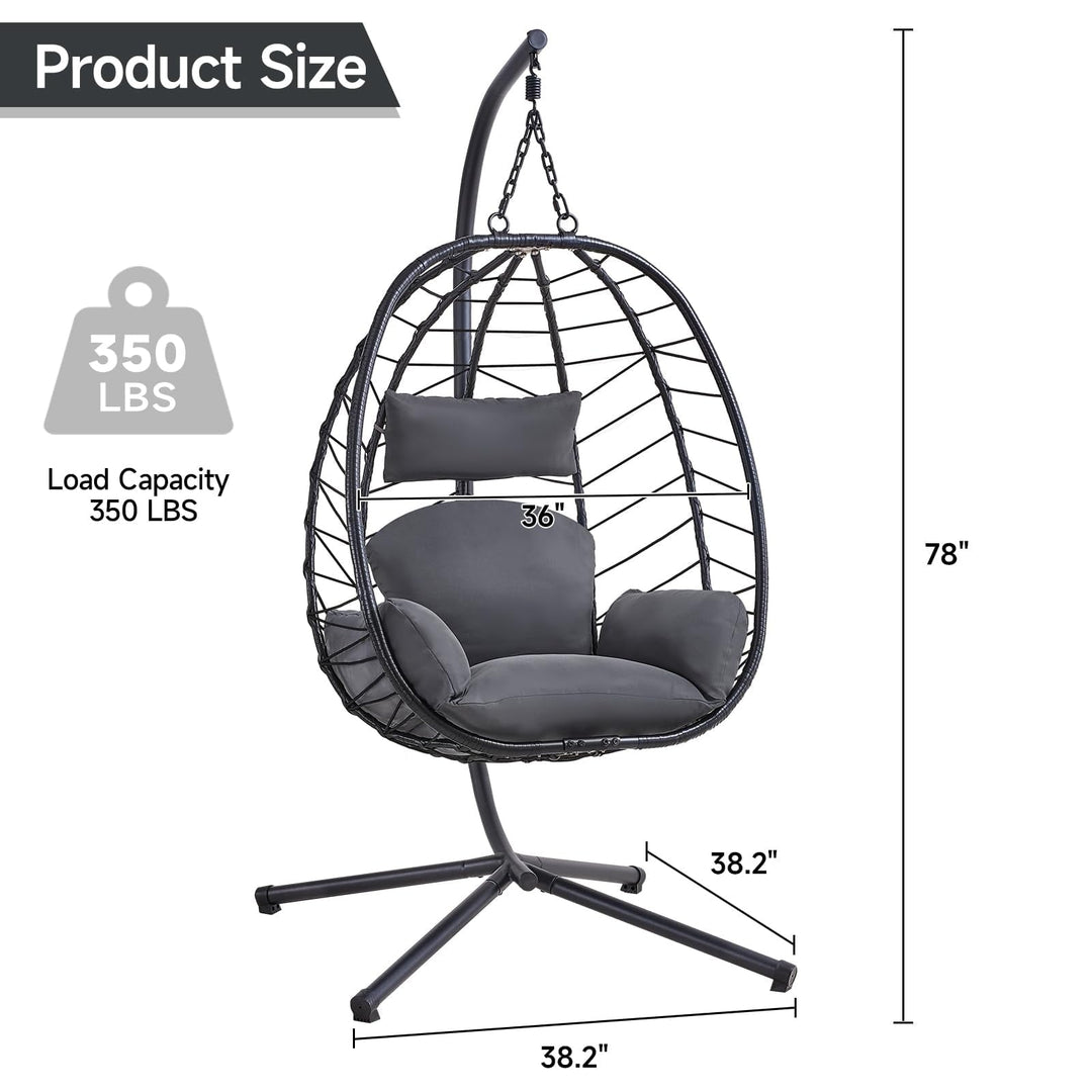 Onbrill Hanging Egg Chair with Stand, Outdoor Indoor Rattan Wicker Egg Swing Chair with Dual Chains, Dark Gray