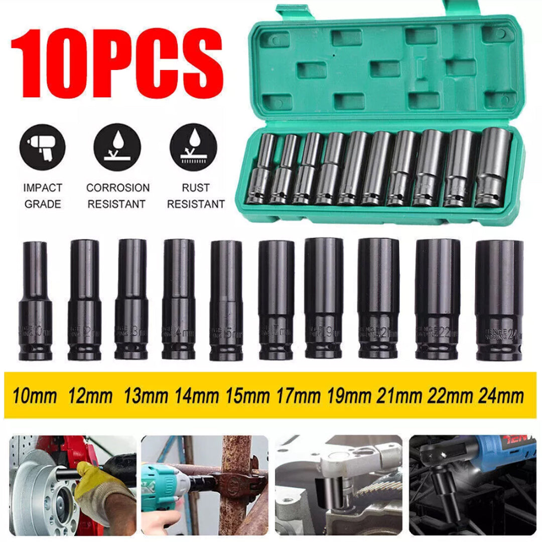 10pc Metric Deep Impact Socket 1/2" Drive 10mm-24mm 6 Point Sockets w/ Case Set