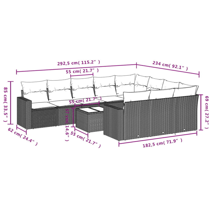 vidaXL Garden Sofa Set Grey PE rattan, powder-coated steel, tempered glass