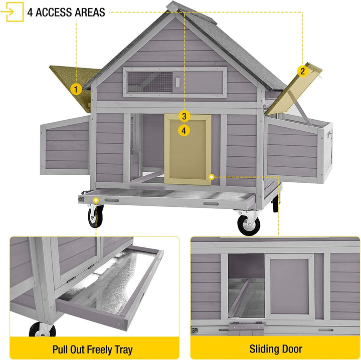 BUTINGLALE Chicken Coop on Wheels Movable Hen House with Two Nesting Boxes, Large Poultry Cage Outdoor Duck Cage