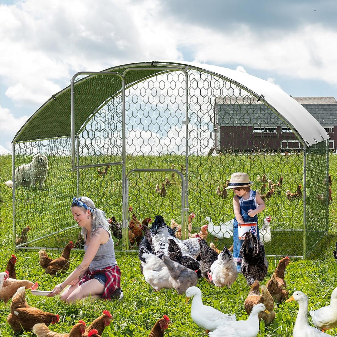 Pinypikaka Metal Chicken Coop, 9.8' x 6.5' x 6.5' Large Chicken Coop with Double Door & Waterproof Cover, Walk-in Poultry Cage with Run, Doom Roof Duck Rabbit House for Outdoor Backyard Farm