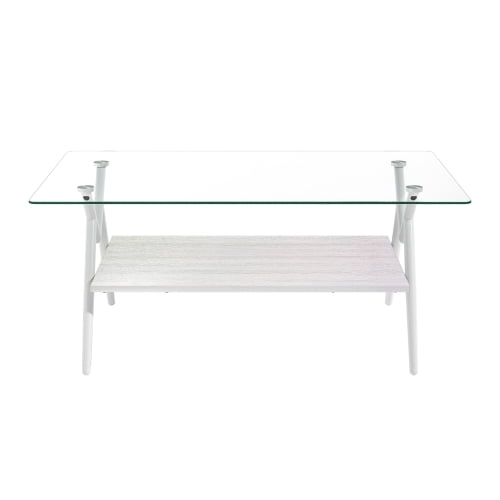 Modern Rectangle Tempered Glass Coffee Table with White Metal Legs - 38.6"L x 22.8"W x 17.3"H, White MDF Shelf, Living Room Center Table