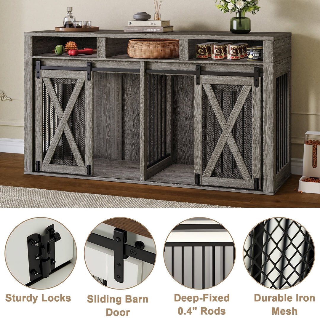 63" Double Dog Crate furniture for 2 Large Dogs, Farmhouse Style Dog Cage TV Stand with Sliding Door, Dog Kennel Indoor with Removable Divider, Grey