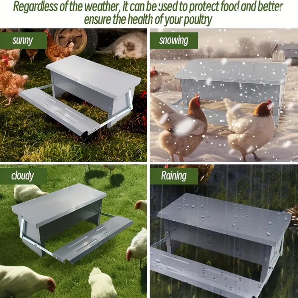 KRKZ 20.1" x 12.6" x 7.5" Silver Automatic Poultry Feeder - Long-Lasting Galvanized Chicken Feeder with Rain Cover - Metal Feeder Kit for Ducks, Bantams & Pheasants
