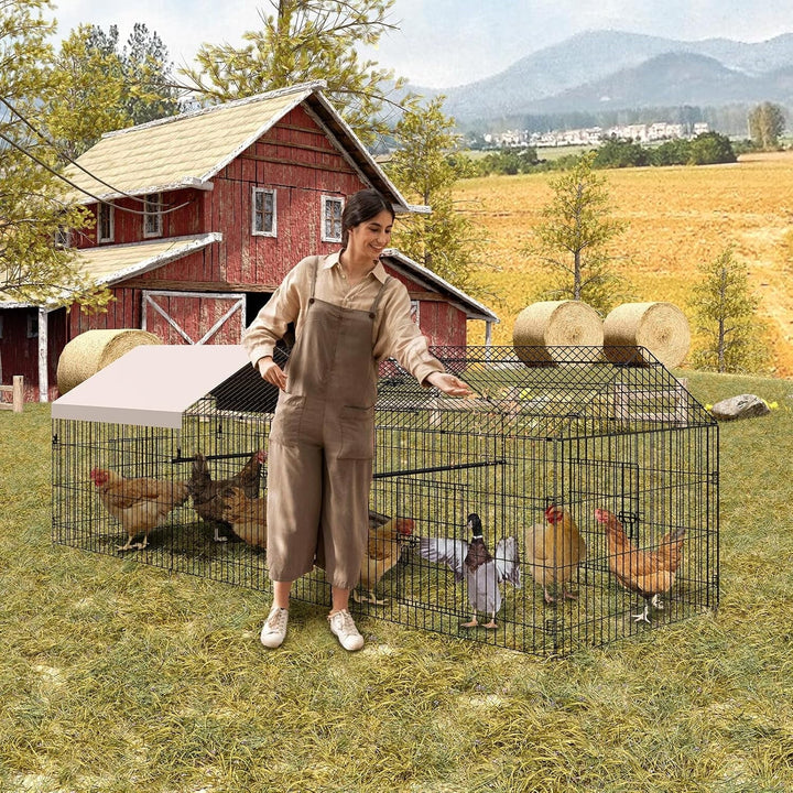 Pinypikaka Metal Chicken Coop w/ Waterproof Cover, Poultry Cage, Walk in Hen House, Outdoor Backyard Farm Animal Enclosure Crate, Pet Playpen Exercise Pen for Rabbit Duck Hen, 130" L x 40" W x 40" H