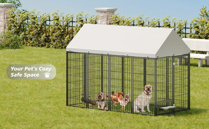 Heavy Duty 8x4x6 FT Outdoor Dog Kennel for Large Dogs, Chew-Resistant Welded Wire Fence with Lockable Door, UV-Resistant Waterproof Roof & Easy Assembly for Yard Use