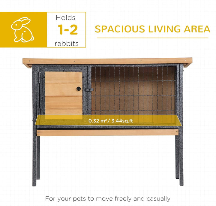 Rabbit Hutch Elevated Bunny Cage Small Animal Habitat with Metal Frame, No Leak Tray, Mtetal Wire Pan and Openable Water-Resistant Asphalt Roof for Indoor/Outdoor Natural Wood