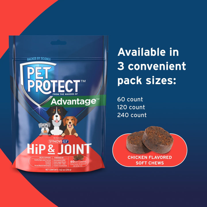 Pet Protect Vet-Formulated Hip & Joint Supplement for Dogs, 60 Chews for Joint Care