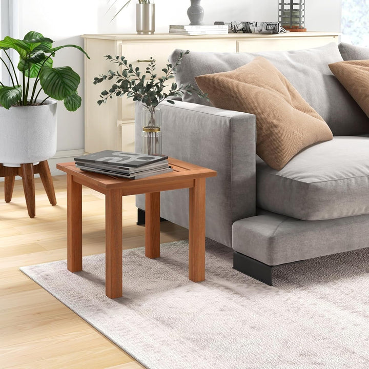 ETHFRF Hardwood Outdoor Side Table - All-Weather Patio Square End Table with Slatted Tabletop, Small Coffee Bistro Table for Outdoor, Indoor, Garden, Poolside and Balcony, Natural (1)，Orange-brown