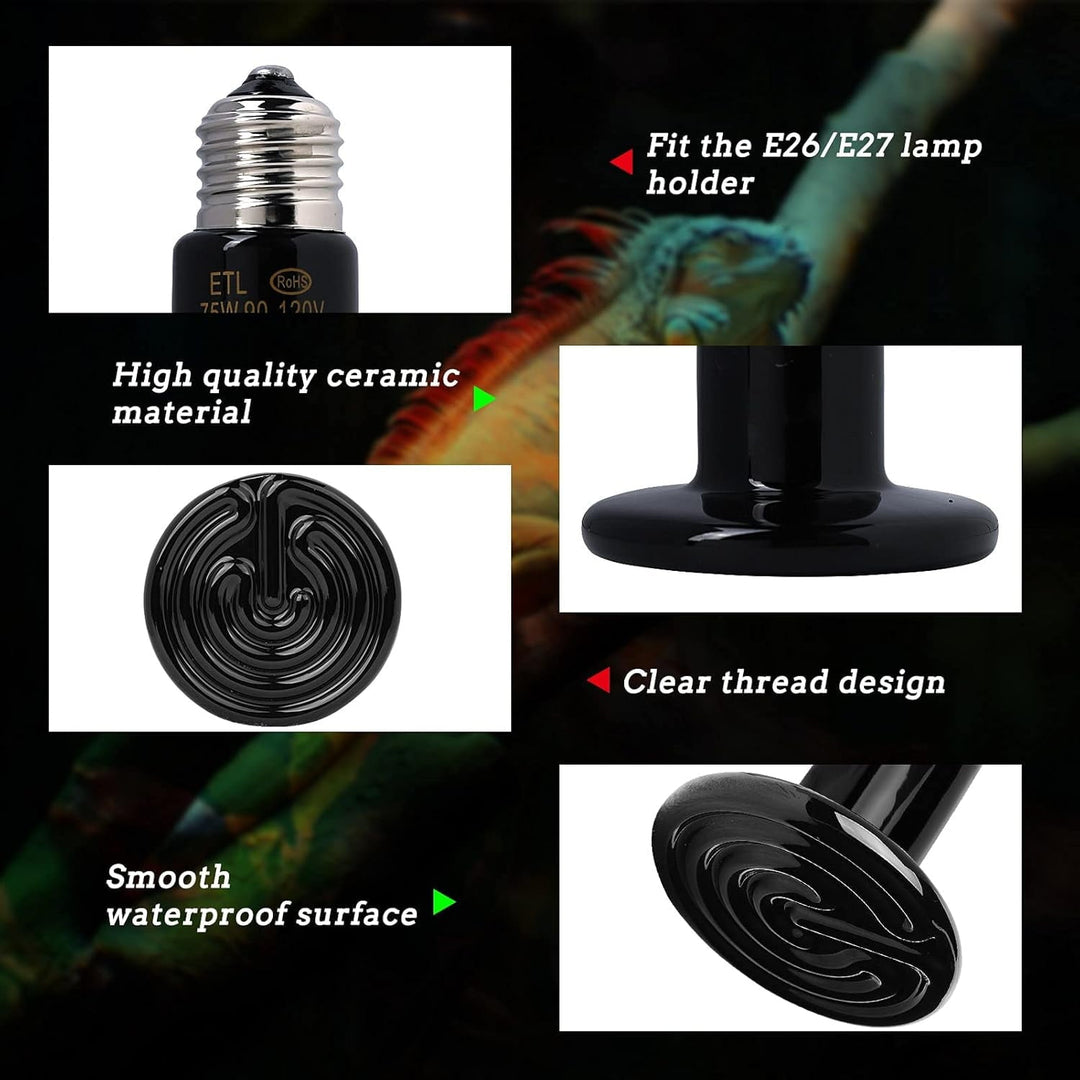 75W Ceramic Heat Lamp, Infrared Reptile Heat Emitter Heater Lamp Bulb for Pet Brooder Coop Chicken Lizard Turtle Snake Aquarium, No Light Emitting No Harm - 2 Pack