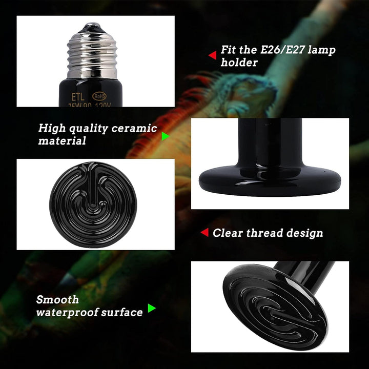 75W Ceramic Heat Lamp, Infrared Reptile Heat Emitter Heater Lamp Bulb for Pet Brooder Coop Chicken Lizard Turtle Snake Aquarium, No Light Emitting No Harm - 2 Pack
