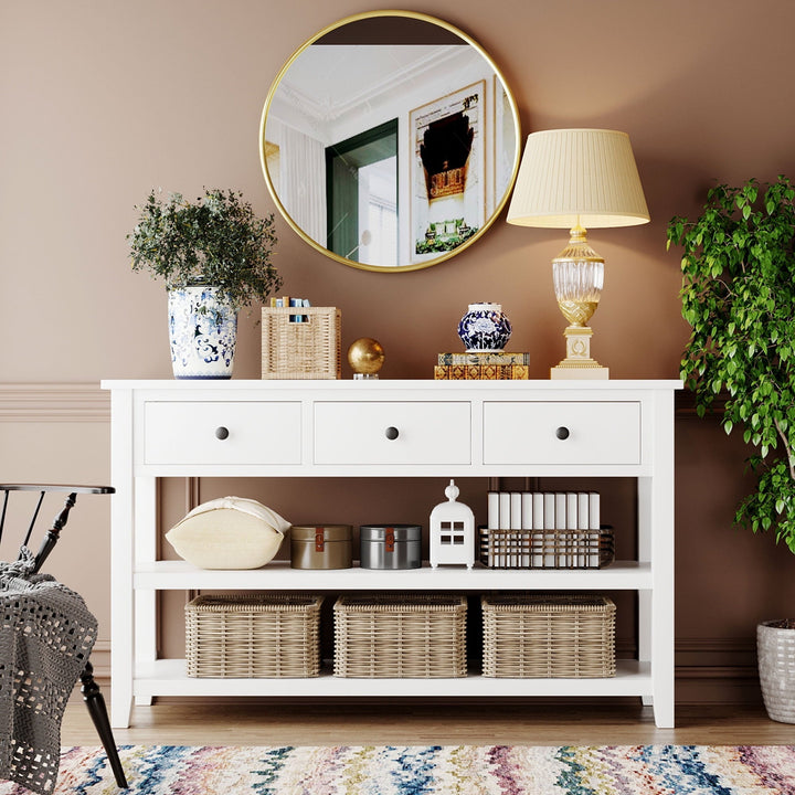 FARONZE Retro Design Console Table with Two Open Shelves, Antique White, Pine Solid Wood Frame