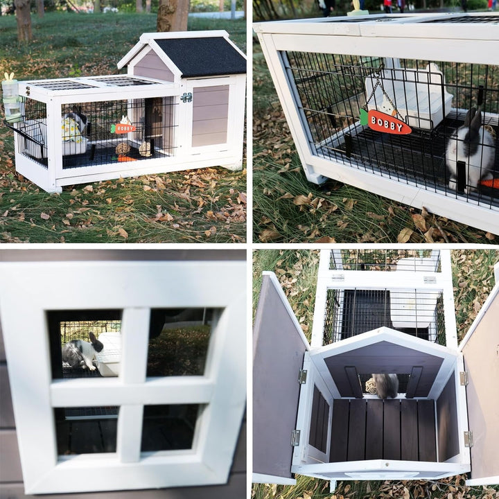 Rabbit Hutch Wooden Bunny Cage Rabbit Cage Outdoor Indoor Bunny Hutch Rabbit House on Wheels Small Animal Cage with 3 Urine Baffles