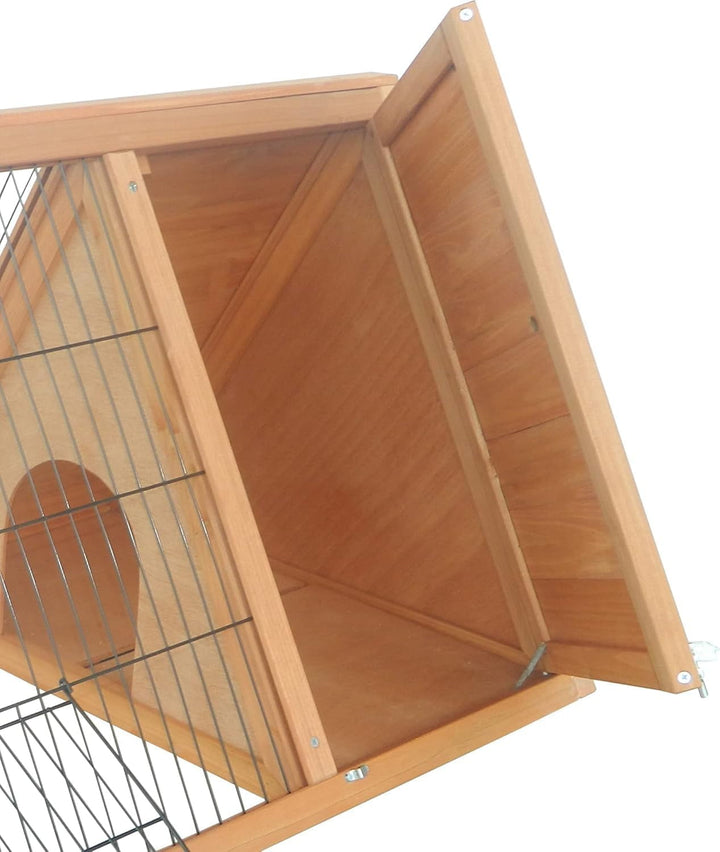 46" x 24" Wooden A-Frame Outdoor Rabbit Cage Small Animal Hutch with Outside Run & Ventilating Wire, Yellow