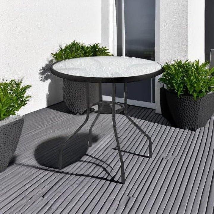 YYEAN  27.4'' Patio Bistro Table Round Outdoor Coffee Table, Round Tempered Glass Top with 1.7'' Umbrella Hole, Iron Frame for Balcony Backyard Lawn and Garden