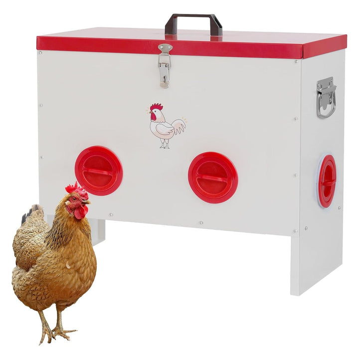 6 Ports Automatic Chicken Feeder No Waste, 50 Pounds Duck Poultry Feeder Box Metal Feeders for Chickens with Locking Rainproof Lid Chicken Coop Feed for Chickens, Ducks