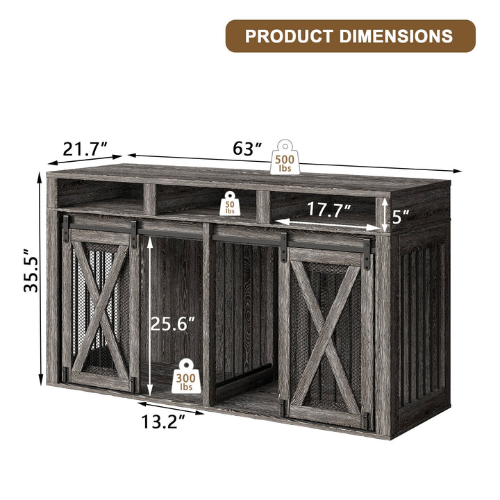 63" Double Dog Crate furniture for 2 Large Dogs, Farmhouse Style Dog Cage TV Stand with Sliding Door, Dog Kennel Indoor with Removable Divider, Grey