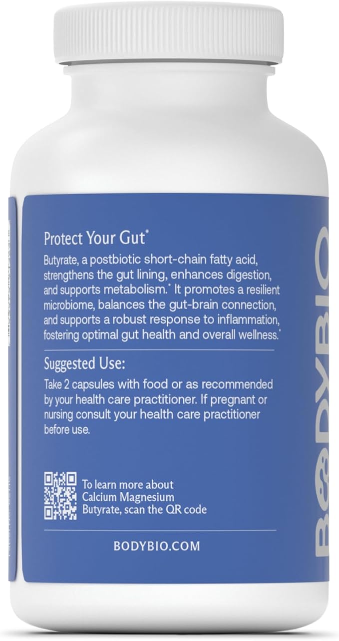 BodyBio Butyrate Supplement - Postbiotic for Gut Microbiome Health, Digestion and Regulation Support - Butyric Acid with Calcium Magnesium - 100 Capsules
