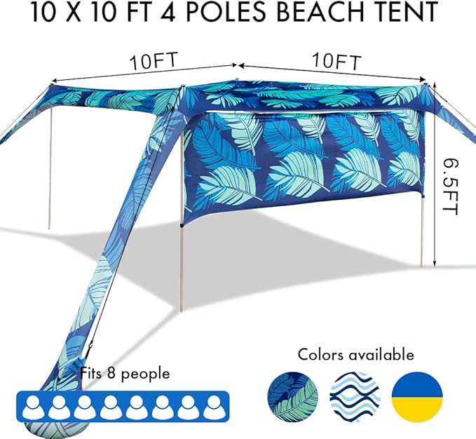 Beach Canopy Tent Shade with Sidewalls 10x10FT, 6.6FT Tall, UPF50+ Sun Shelter, Windproof & Water Resistant, Includes Guylines Sand Shovel Stability Poles, Easy Up for Beach Outdoor Camping Backyard