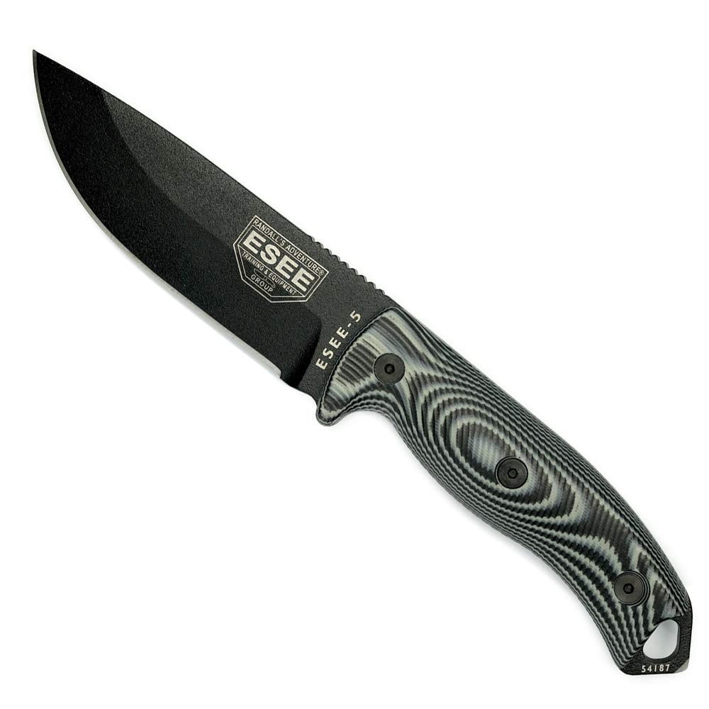 ESEE-5 1095 Carbon Steel, Black Kydex Sheath (Black Blade, Gray/Black G10 3D Handle)