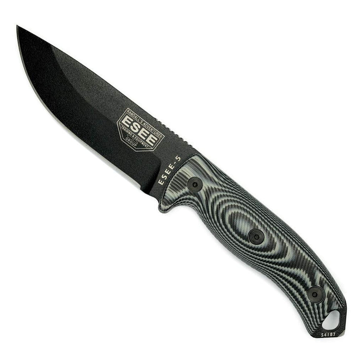 ESEE-5 1095 Carbon Steel, Black Kydex Sheath (Black Blade, Gray/Black G10 3D Handle)