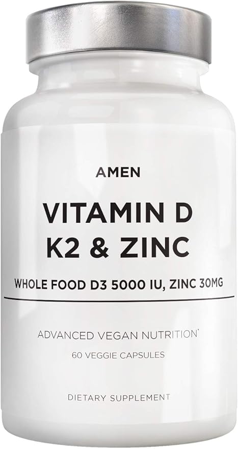 Amen Vitamin D, K2 & Zinc, Cholecalciferol D3 5000 IU, Organic Whole Food Blend with Apple, Blueberry, Cranberry, Elderberry Powder Fruits, Vegan Supplement, D3 K2 Vitamins, Non-GMO - 60 Capsules