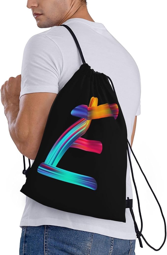 Drawstring Bags Initial Drawstring Backpack Sackpack Black Draw String Cinch Bags for Sports, Gym, Travel, Swimming, Beach, Camping, Rainbow Letter E