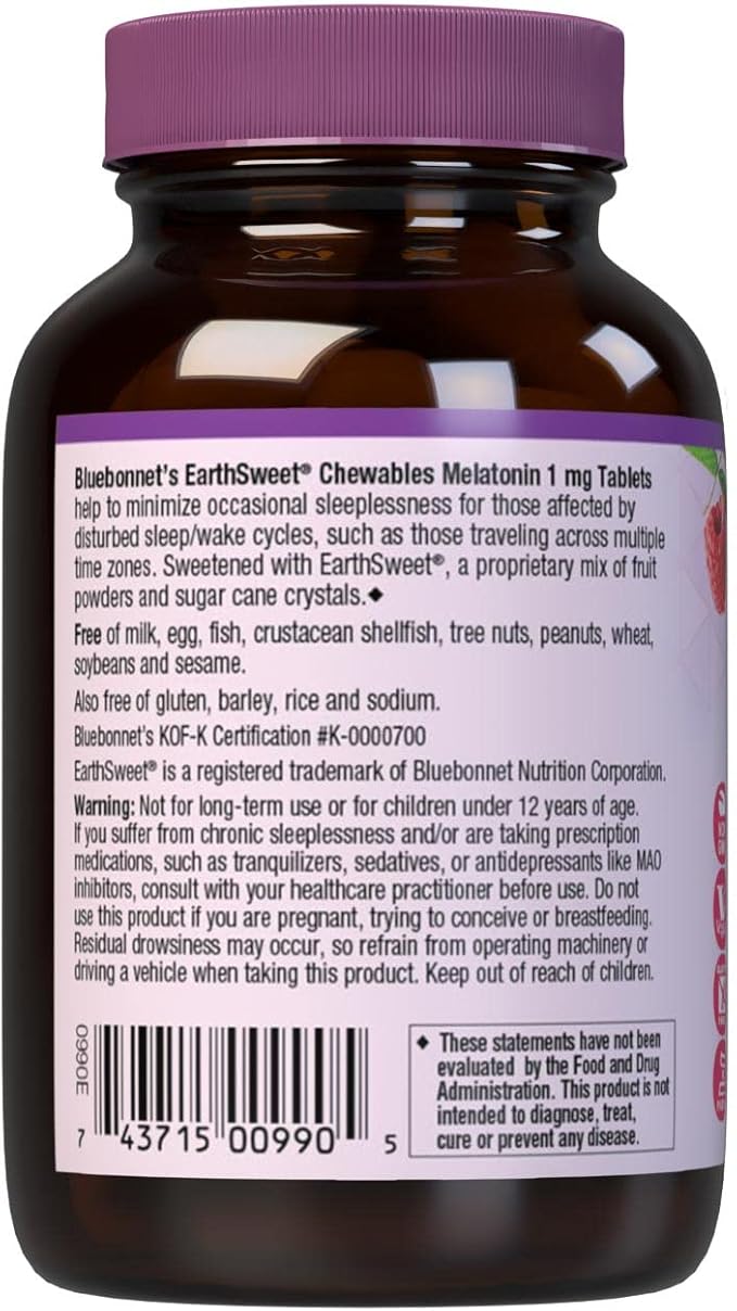 Bluebonnet Nutrition EarthSweet Melatonin 1 mg Fast-Acting Quick Dissolve Nighttime Relaxation & Restful Sleep Support - Sleep Aid - Gluten-Free, Vegan - Flavor - Chewable Tablets Raspberry