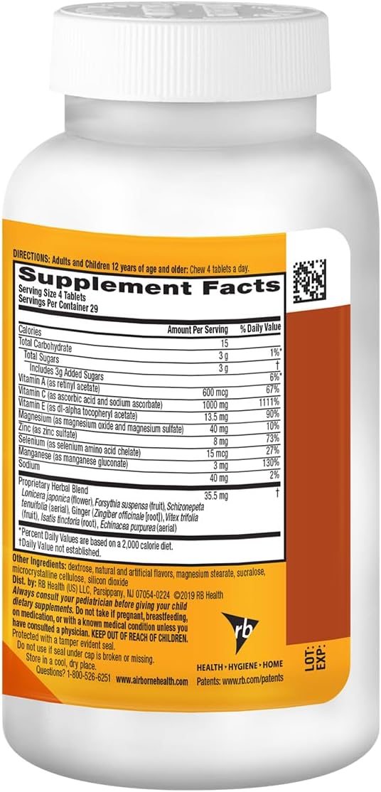 Airborne 1000mg Vitamin C + Zinc Immune Support Supplement Chewable Tablets, Citrus Flavor with Powerful Antioxidants Vitamins A C & E, 116 Chewable Tablets (2 Pack)