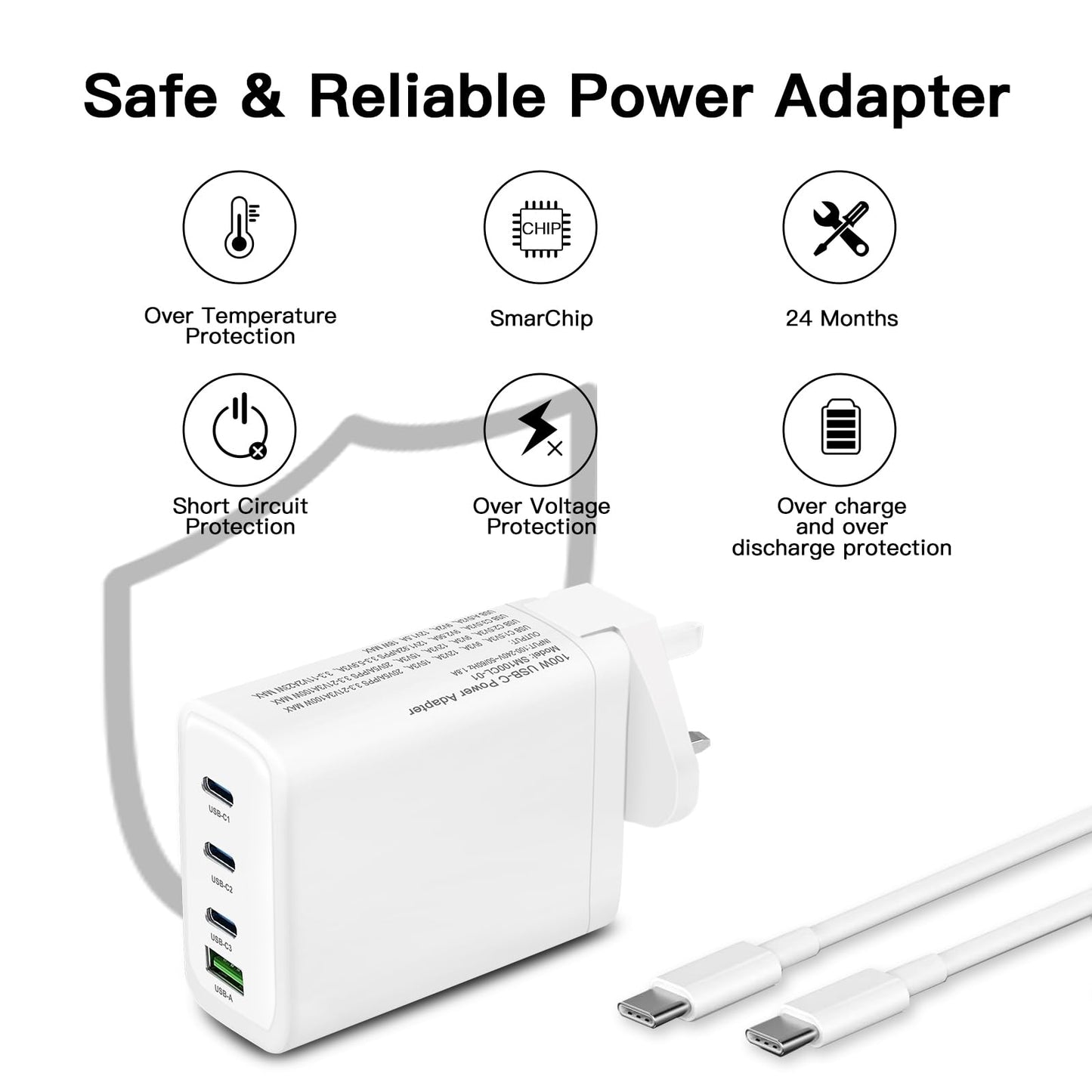 100W USB C Charger,4-Ports GaN Fast Wall Charger with Charging Cable for Mac Book Pro/Air, iPad,iPhone 16/15 Pro Max, Galaxy S23 Ultra, Steam Deck, Dell XPS, and All USB C Devices