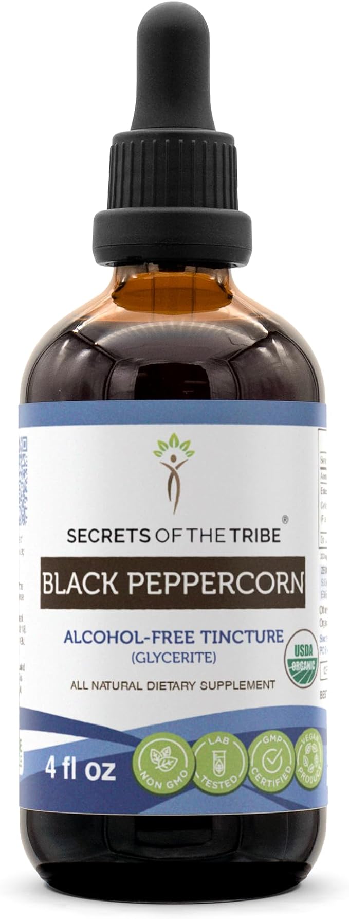 Secrets of the Tribe Black Peppercorn Alcohol-Free Liquid Extract, USDA Organic Black Peppercorn (Piper nigrum) Tincture Supplement (4 FL OZ)