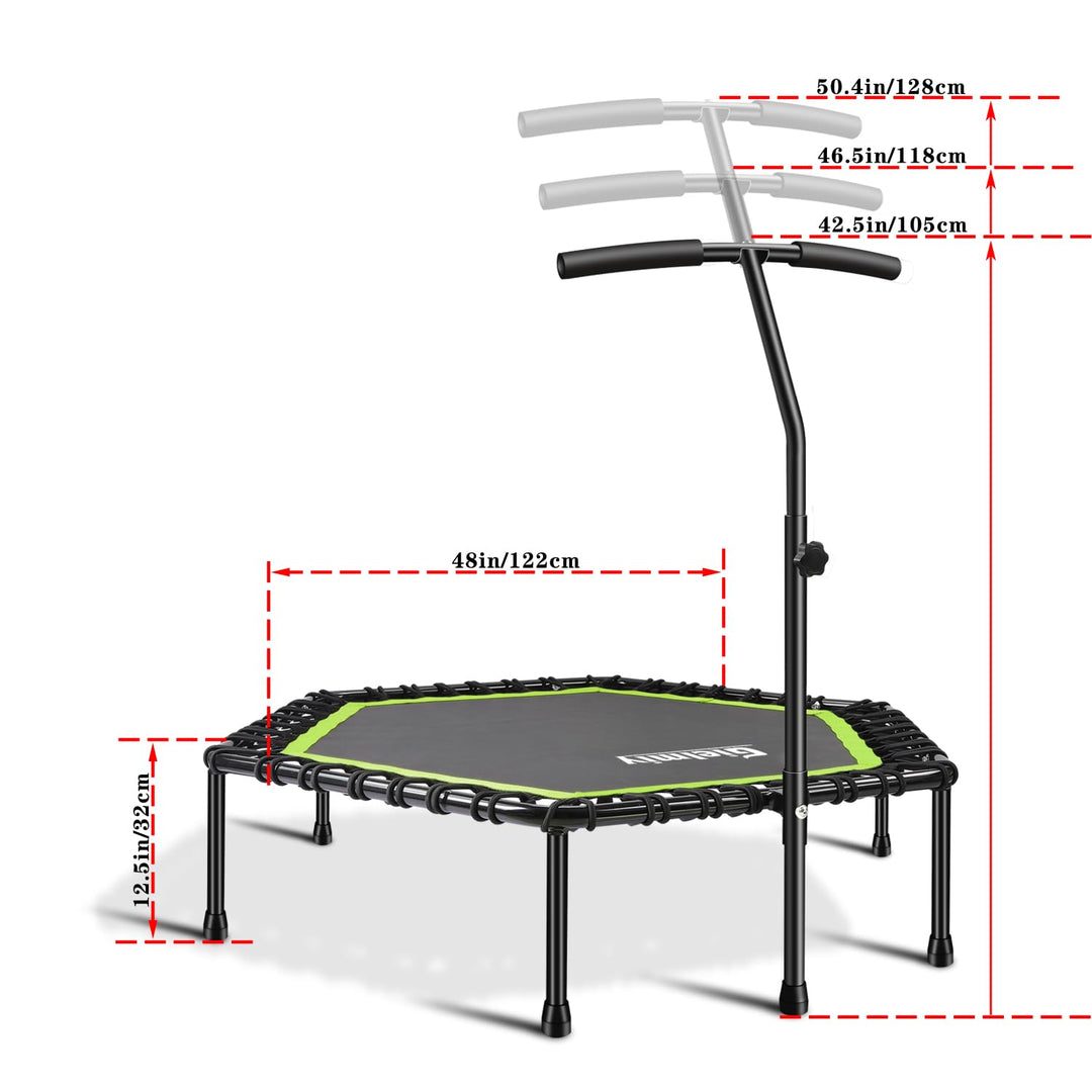 Gielmiy 48‘’Mini Trampoline for Adults，Silent rebounder Trampoline with 3 Adjustable Handle，Indoor/Garden/Workout Cardio,Safely Cushioned Bounce（Max Load 330lbs）